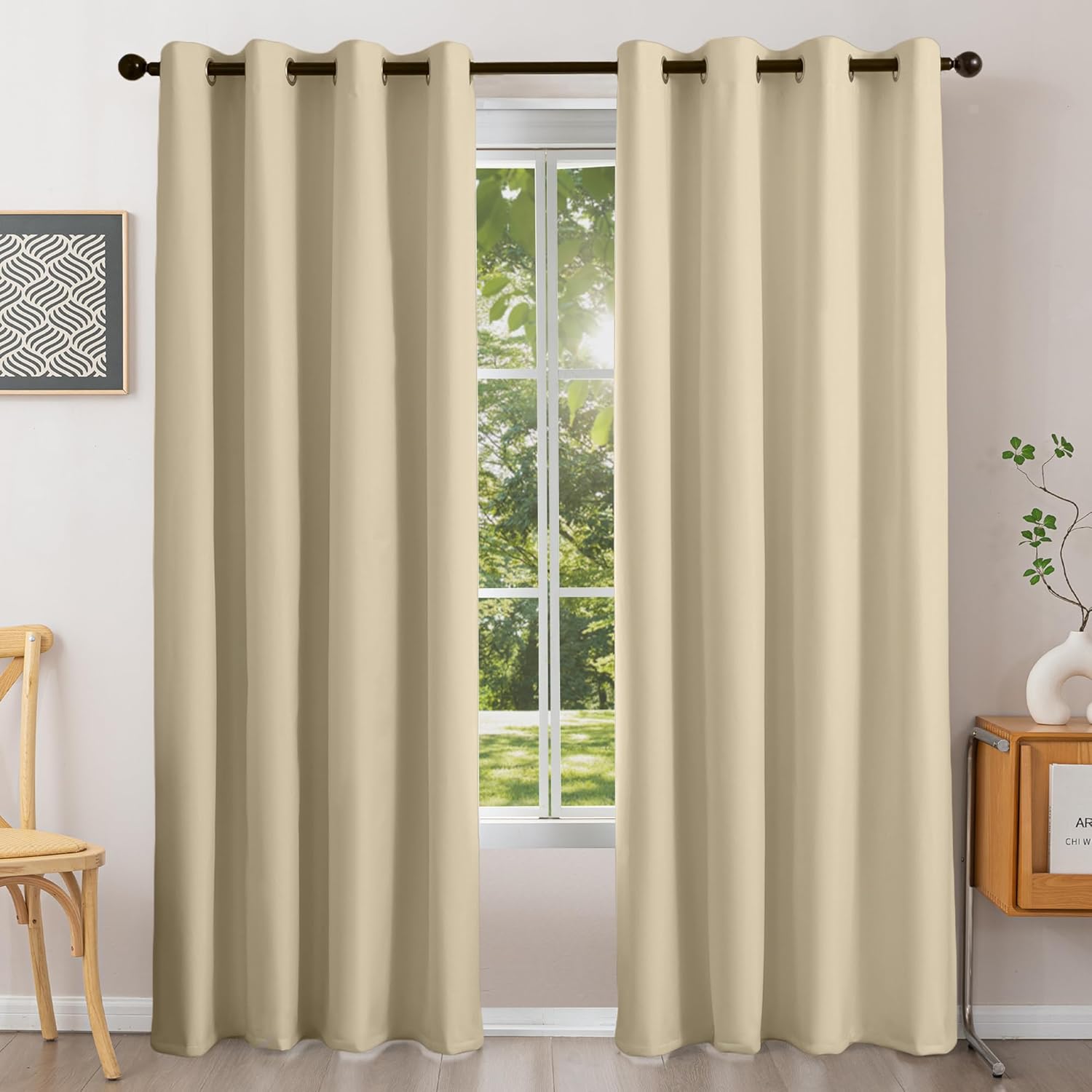 PFAS Free Ivory Linen Curtains 84 inch Length 2 Panels Set 100% Blackout Long Drapes for Bedroom Living Room Blackout Darkening Curtain Thermal Insulated (52x84 inch,Sand Beige)