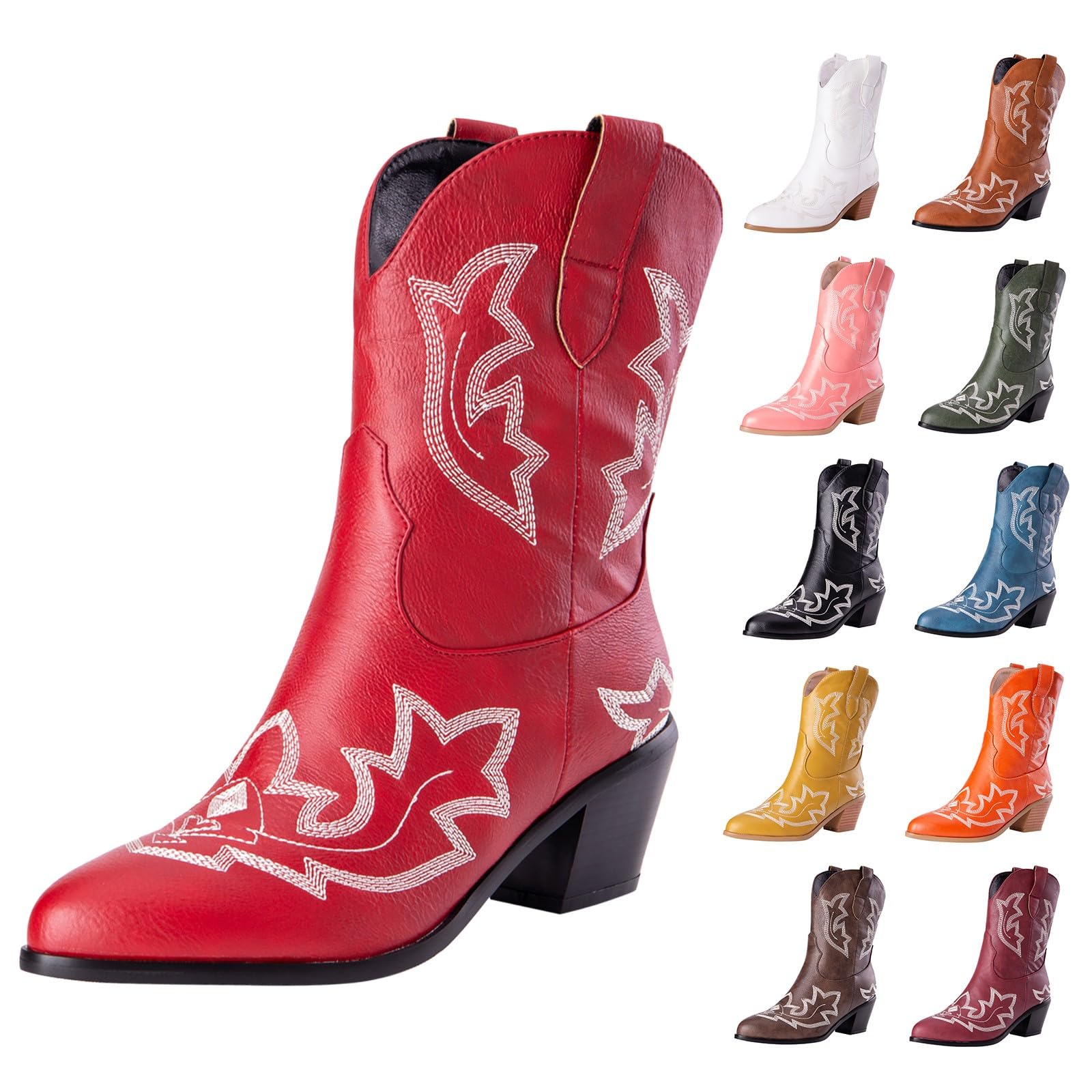 Stivali da donna a metà polpaccio da cowboy western, classici vintage, ricamati, tacco a blocco, in pelle PU, stivali da donna in stile country equitazione western scarpe da sposa, Rosso, 41 EU