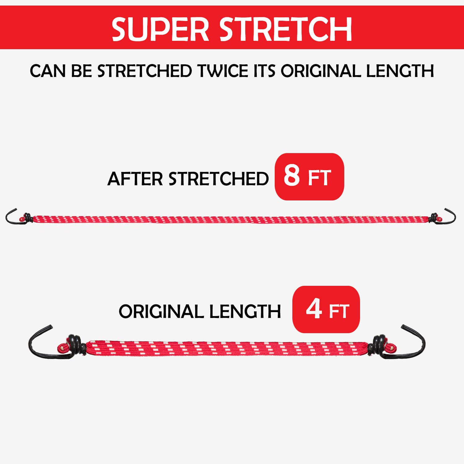 Aqbah High Strength Elastic Flat Bungee/Shock Cord Cables, Luggage Tying Rope with Hooks, 4FT up to 8FT Expandale Multi Color Set of 6 — Amazon image 2