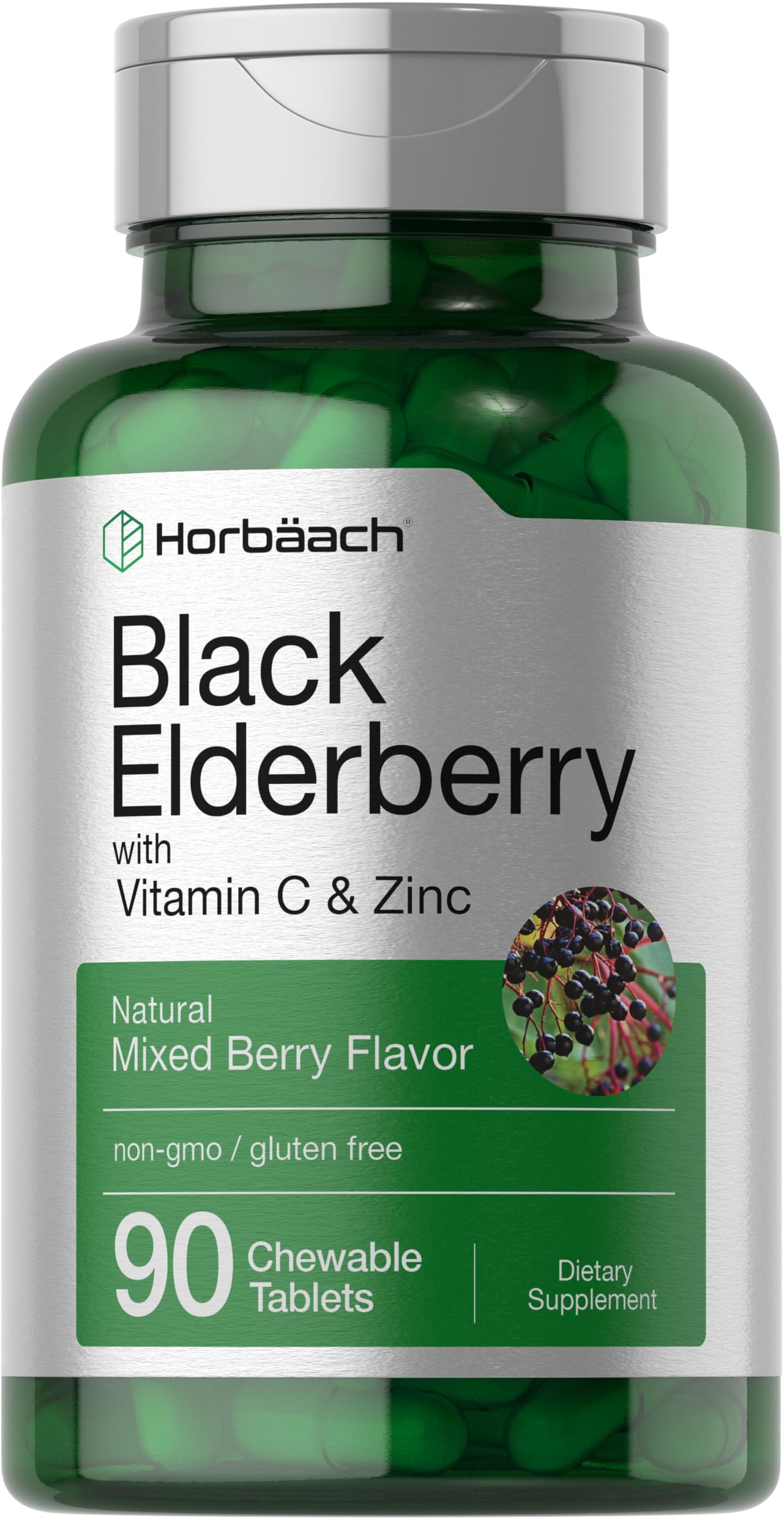 Horbaach Black Elderberry with Vitamin C and Zinc | 90 Chewable Tablets | Mixed Berry Flavor | Immune Support Complex | Vegetarian, Non-GMO, and Gluten Free Supplement