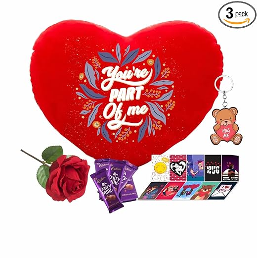 TheYaYaCafe Valentines Day Gifts Heart Shape Cushion (with Filler), Teddy Keychain, 5 Dairy Milk Chocolates(6.6g), Rose, Romantic Love Post Card for Girlfriend Boyfriend Husband Wife -Part of Me