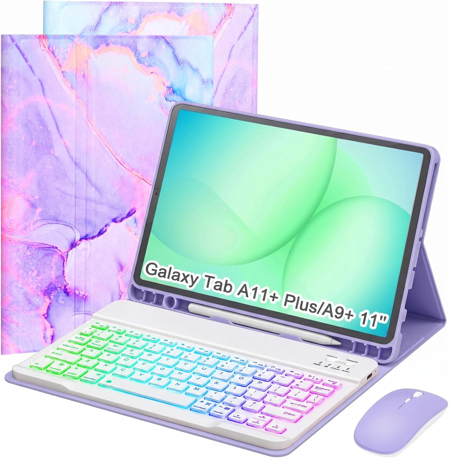 Keyboard Case for Samsung Galaxy Tab A11 Plus 11 Inch 2025/ A9+ Plus 2023 Tablet, Detachable Rainbow Backlit Wireless Keyboard and Mouse, Slim Stand Cover with S Pen Holder (Purple Marble)
