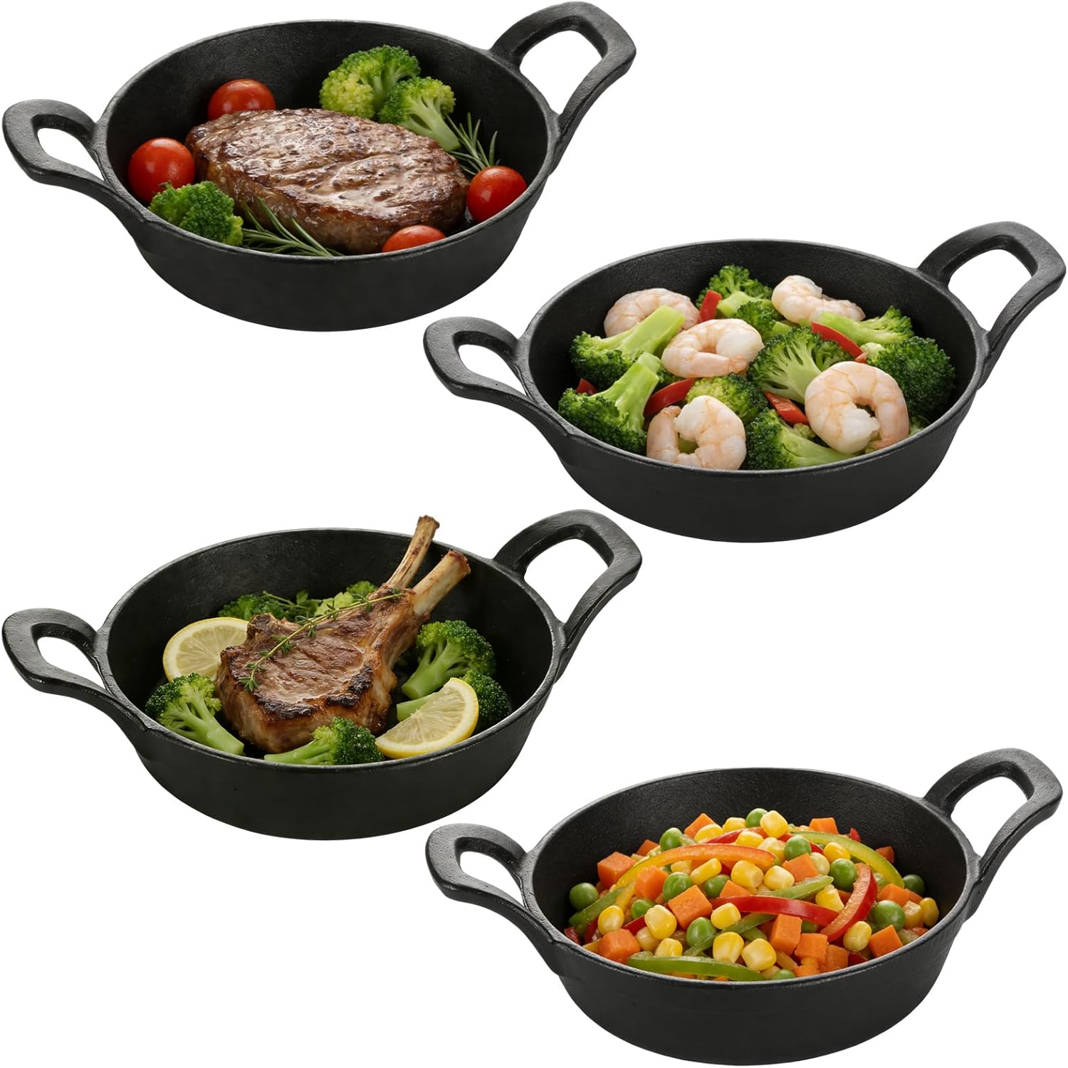 4 Pack Mini Cast Iron Skillet, 6.3 x 6.3 x 1.5 Inch Small Cast Iron Frying Pan with Handle, Pre-Seasoned Cast Iron Skillet Set, Black Casserole Dish for Kitchen, Indoor, Outdoor, Picnic