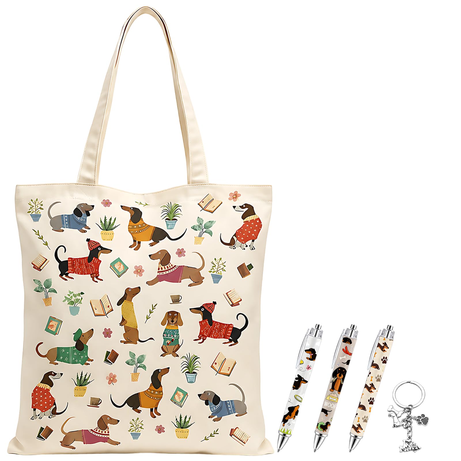 BeoTnp 5 Pcs Dachshund Gifts, Dachshund Gifts for Women, Canvas Tote Bags, Birthday Thank You Present for Mum Auntie Daughter Wife Girlfriend Teachers for Work, Travel, Grocery, Beach Trip
