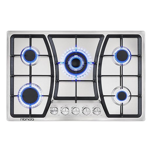 Gas Cooktop 30 inches 5 Burners Gas Stove gas hob stovetop Stainless Steel Cooktop 5 Sealed Burners Cast Iron Grates Built-in Gas Stove Top LPG/NG Gas Cooktop Thermocouple Protection and Easy to Clean