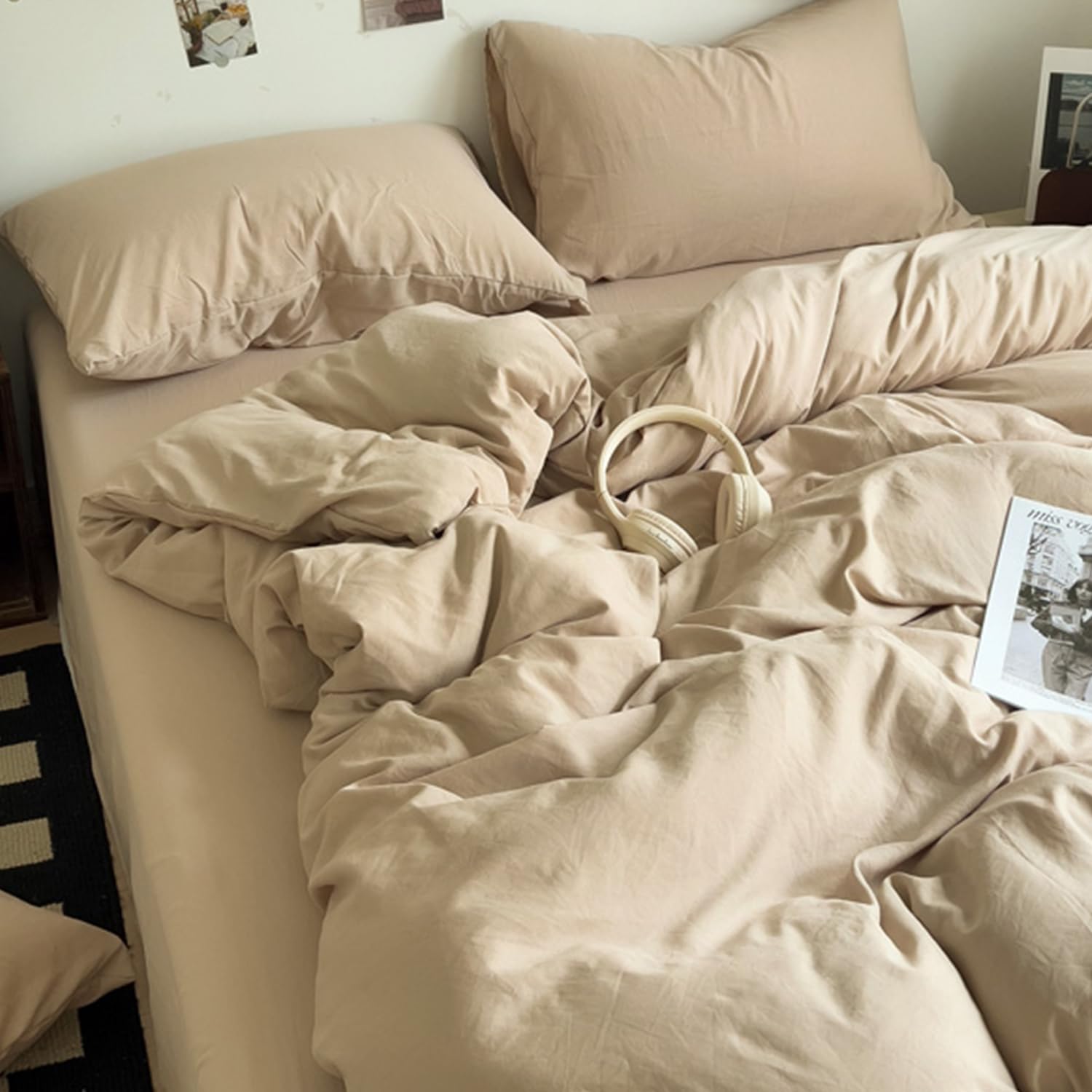 「§ｚｚ．ｌｕｘｉ」布団カバーセット シングル 3点セット ins ストライプ 無地 コントラストカラー シンプル 寝具カバー 洋式・和式兼用 ベッドカバー 掛け布団カバー ボックスシーツ 枕カバー シーツカバー 肌に優しい ピーチスキン加工 北欧風 オールシーズン (ミルクティー, Sシングル(3点セット))