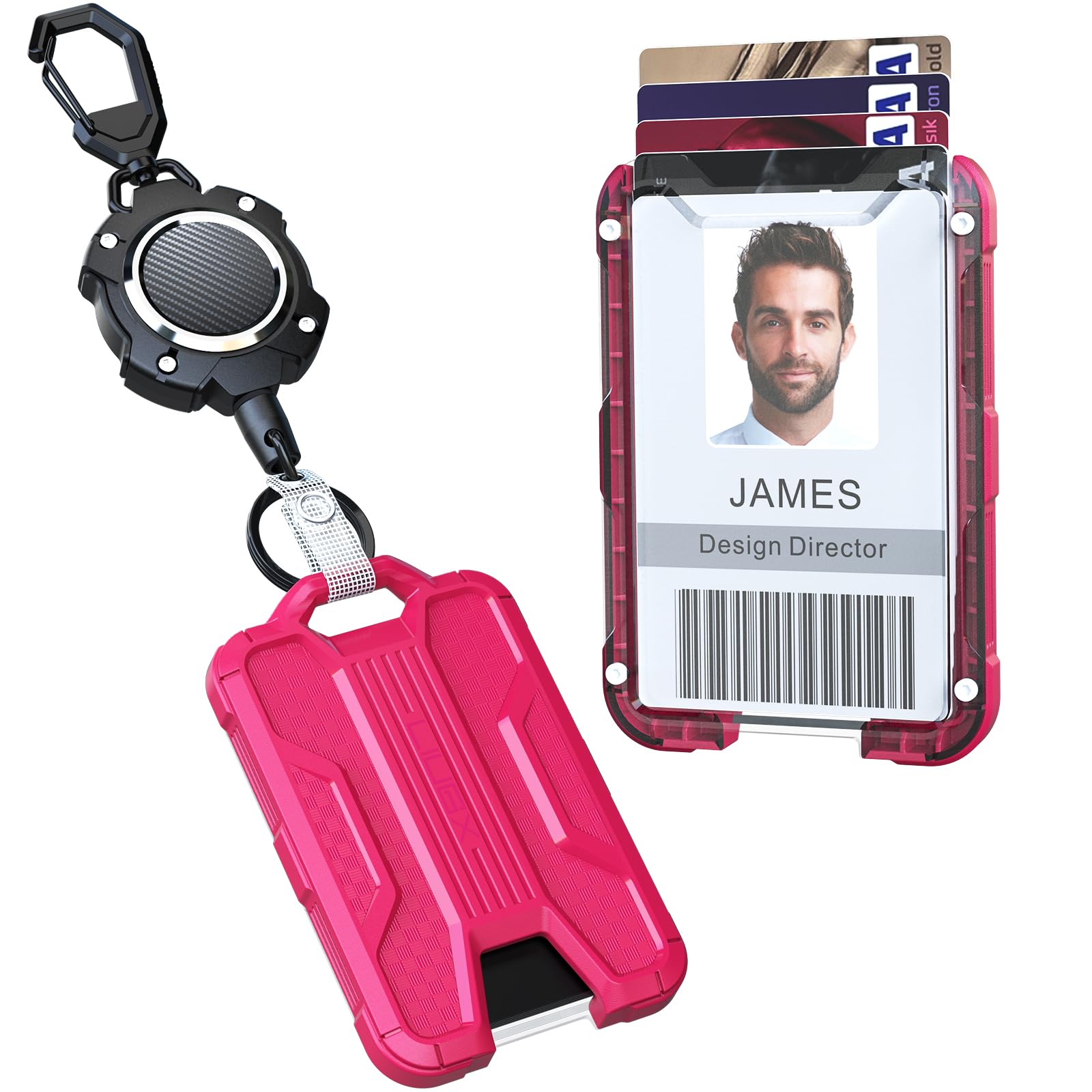 LIUGX Retractable Badge Holders, Heavy Duty Retractable Keychain, Carbon Fiber-Texture, Durable ID Card Holder (Holds 4 Cards), with 31.5” Badge Reel Key Chain, 10,000+ Rebound,Hot Pink
