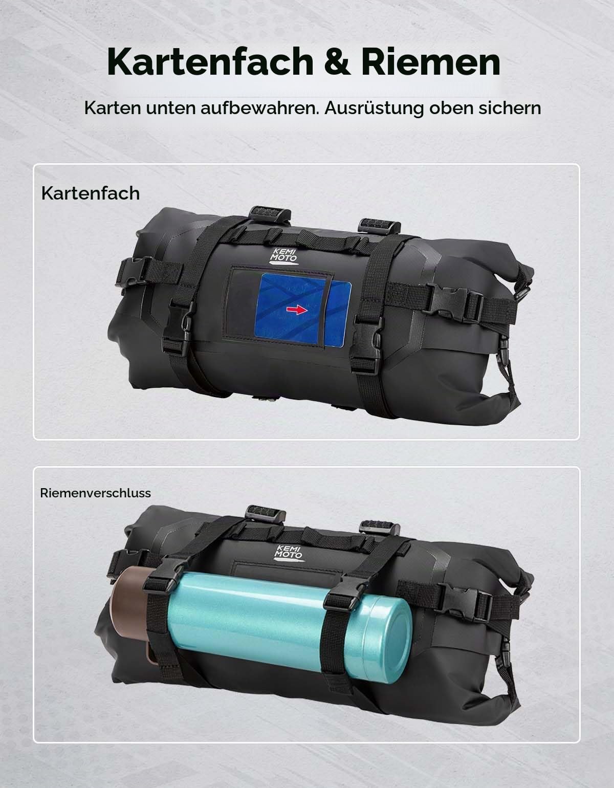 KEMIMOTO Fahrrad Lenkertasche 10L, 100% Wasserdicht Vordertasche Fahrradtasche aus 300D PVC, Aufbewahrungstasche mit Antirutsch-Gurten, Bikepacking Tasche für MTB Rennrad Gravel E-Bike