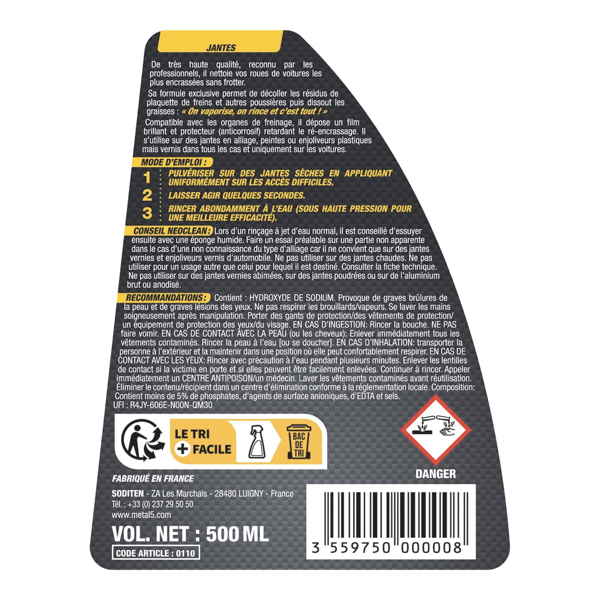 Nettoyant Jantes Alu Poli Et Chromées NeoClean - Formule Acide, Nettoie Sans Frotter - Pulvérisateur 500 Ml, Fabriqué En France