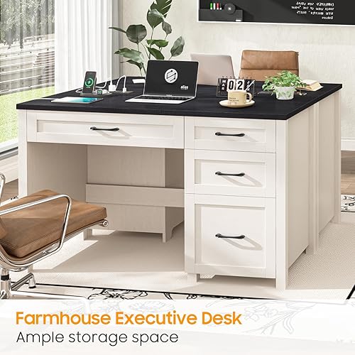 Miniatura 5 de Vabches Escritorio ejecutivo Farmhouse de 47 pulgadas con 4 cajones, escritorio para computadora con cajón de archivos y estación de carga, estación