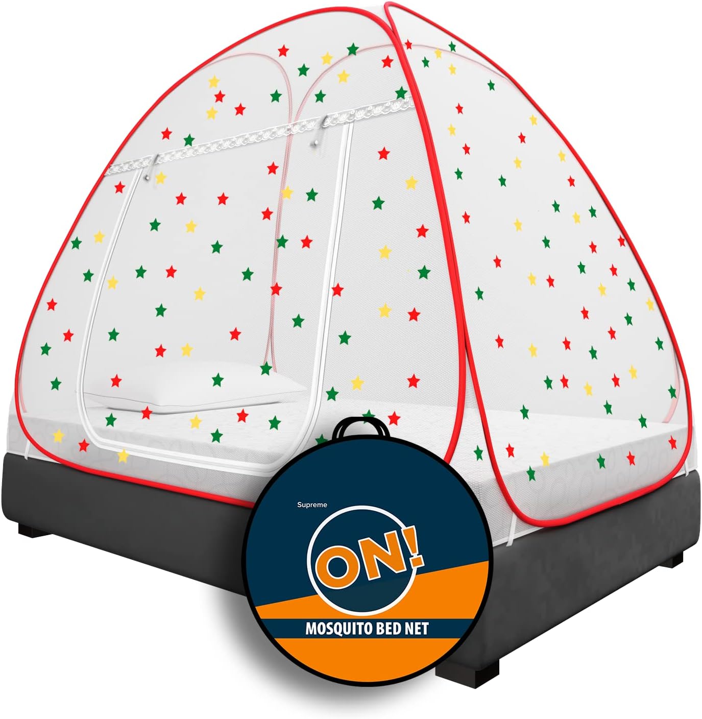 KOLAR Supreme On Mosquito Net for Single Bed, 6.5 Feet X 4 Feet Premium Machardani with 30 Pair of Stars, Strong and Durable, 30 GSM, Tent Type, Foldable, Corrosion Resistant (Single Bed, Red)