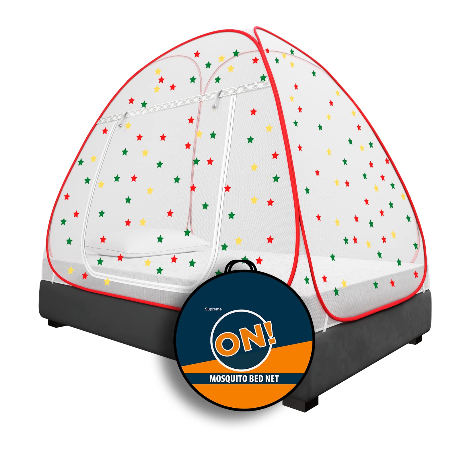 KOLAR Supreme On Mosquito Net for Single Bed, 6.5 Feet X 4 Feet Premium Machardani with 30 Pair of Stars, Strong and Durable, 30 GSM, Tent Type, Foldable, Corrosion Resistant (Single Bed, Red)