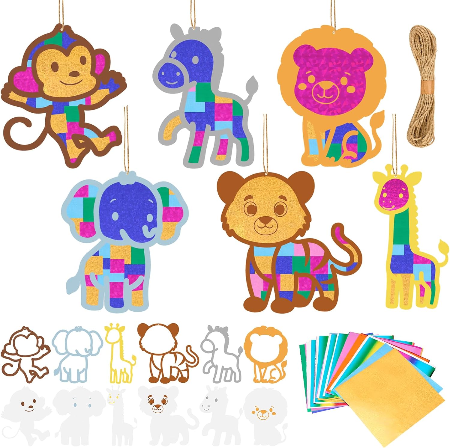 Bafeil 24 Pack Jungle Animal Suncatcher Craft Kit, DIY Mosaic Window Art Kit with Transfer Paper, Sun Catcher Activity for Classroom, Party, VBS, Summer Camp Home Window Ornaments