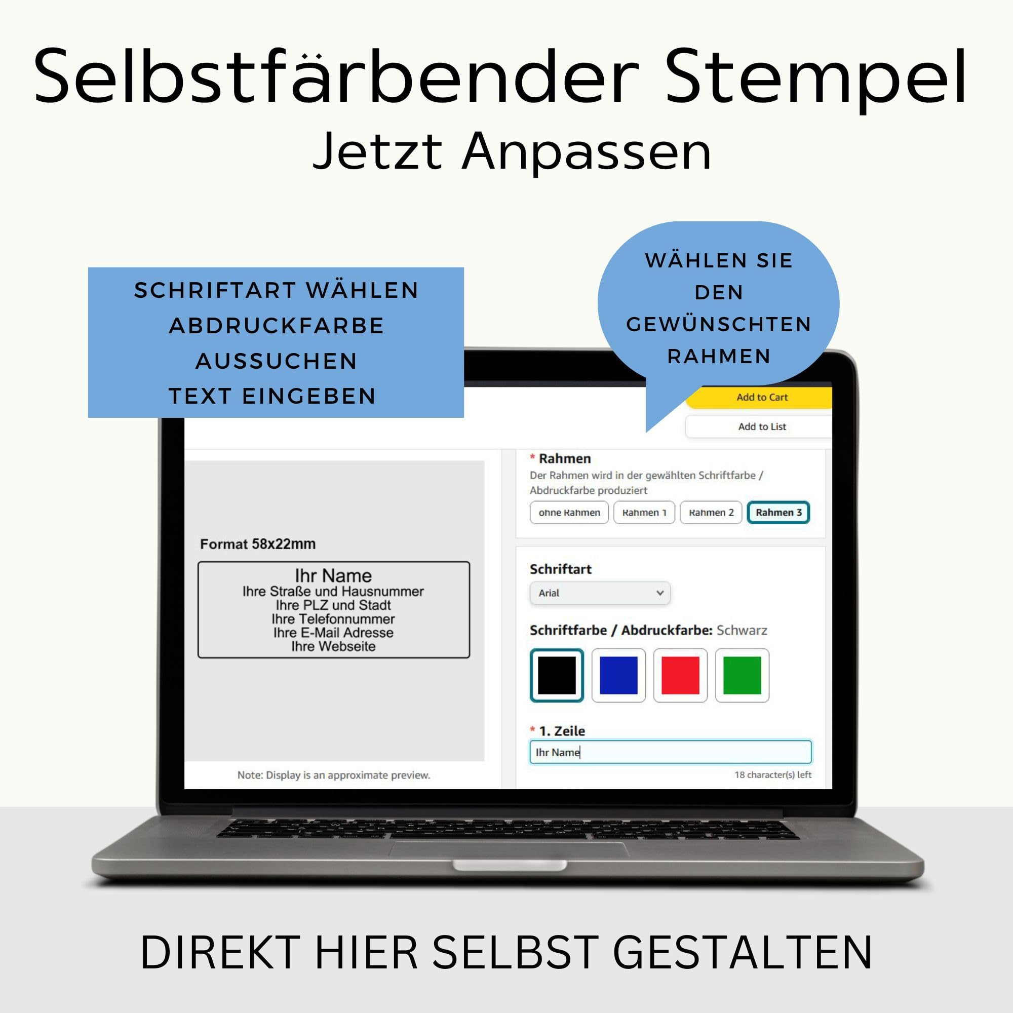 Personalisierter Stempel stempelfritz Gr.3 direkt hier Erstellen – selbstfärbender Firmenstempel, Adressstempel, Namensstempel oder Lehrerstempel – Gehäuse Schwarz-Blau, 58x22mm, max. 6 Zeilen