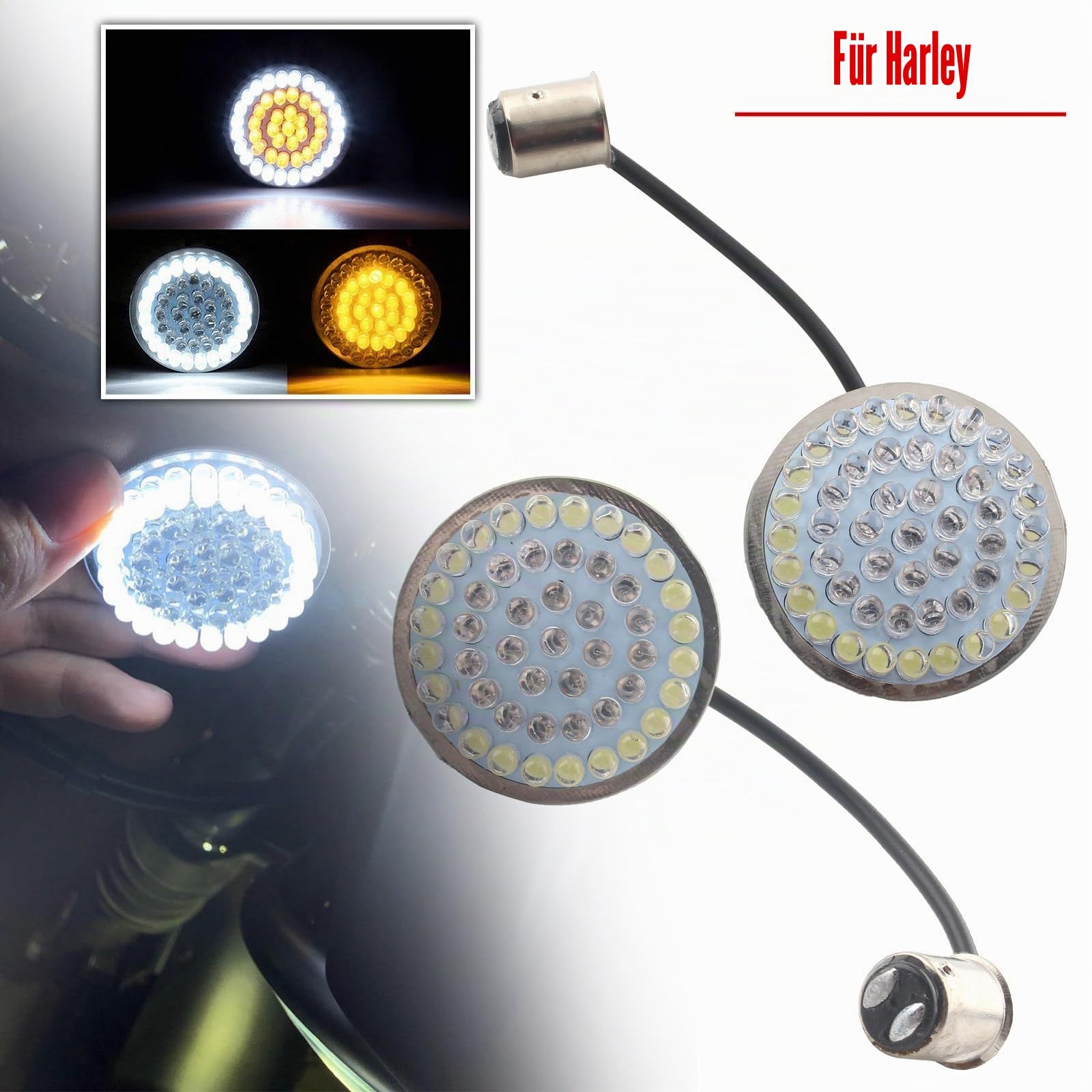 2 Zoll LED-Blinker 1157 Bullet, bernsteinfarbene Blinker, weiße Laufbirnen, kompatibel mit Harley Touring Dyna Softail Sportster Tri Glide
