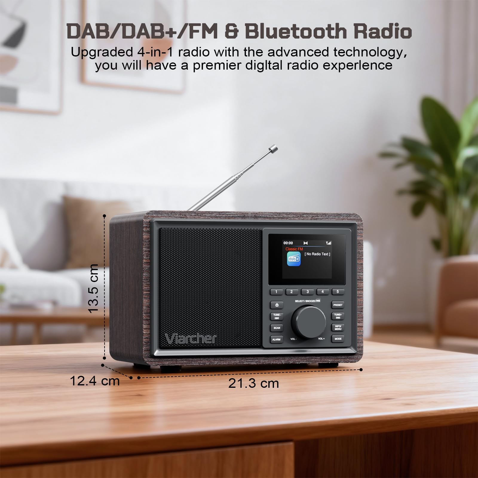 DAB/DAB+ e Radio FM Digitale con Bluetooth, doppia sveglia, timer di spegnimento, 60 preset, AUX IN, jack cuffie, display a colori 2.4'', radio da cucina per casa, noce