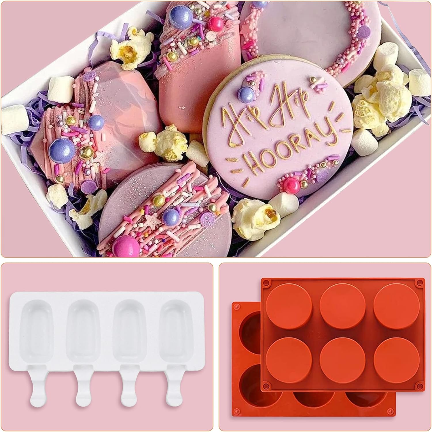 Heart Shaped Chocolate Mold Set Includes Round Cylinder Candy Mold,Cavities Heart Mold,Piping bag,Wood Hammer,Chocolate Bomb Mold,Diamond Mousse Cake Mold Tray