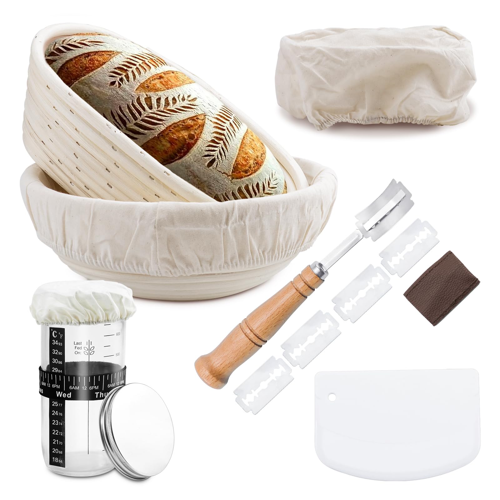 Kit Completo para Masa Madre,Cesta de Pan De Levadura De 2 Pcs Con Forro,Eslinga De Pan De Silicona,Tarro De Levadura,Amasadora,Cepillo De Silicona,Rascador de Cuenco,Juego Rascadores de Masa(B)