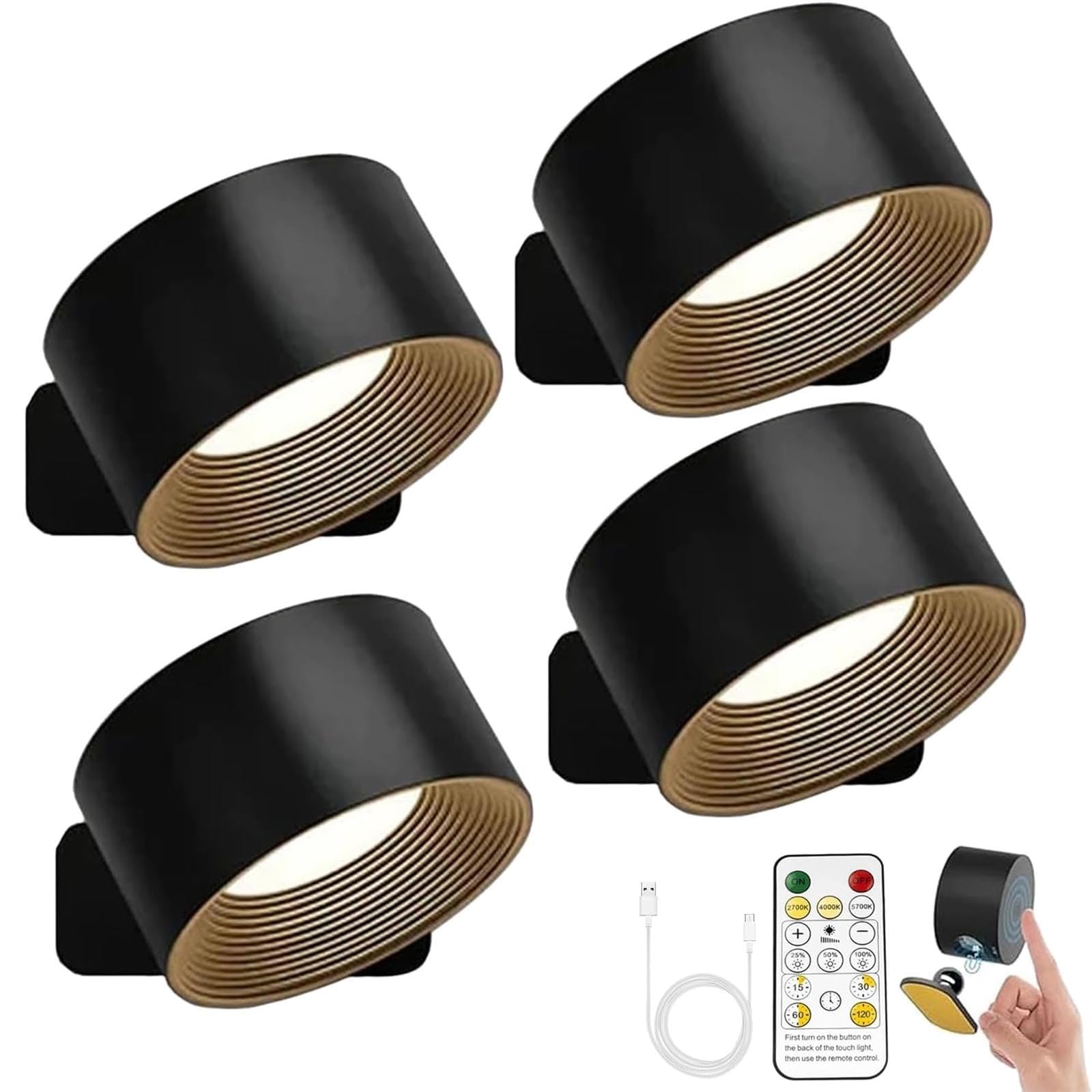 Lights of Sweden Wall Lights, Lights of Sweden Wall Lamps, 360°Rotate LED Wall Lights with Remote, Rechargeable Mounted Sconces, for Bathroom Kitchen(Black,4pcs)