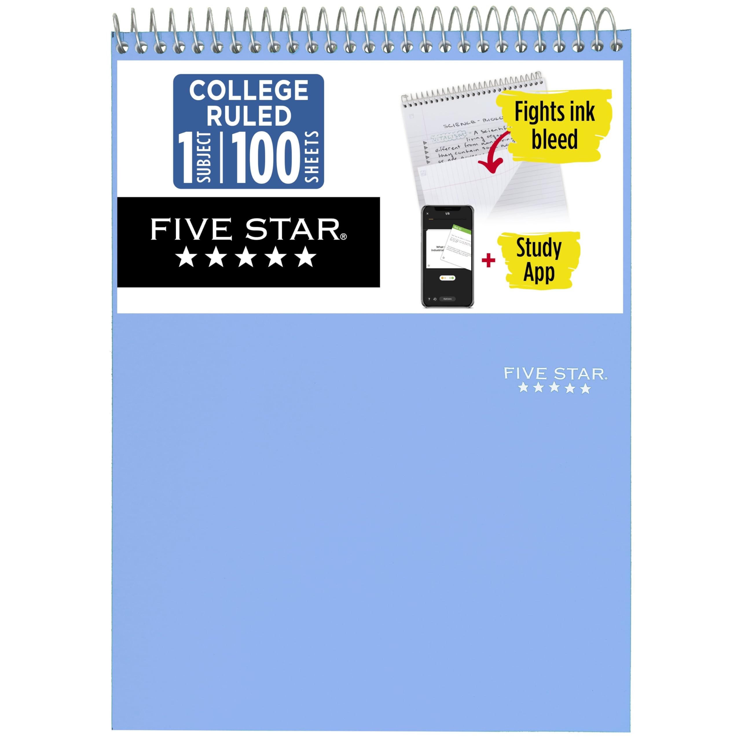 Five Star Top Spiral Notebook + Study App, 1 Subject, College Ruled Notepad, 8-1/2" x 11", 100 Sheets, Fights Ink Bleed, Water Resistant Cover, Tidewater Blue (820058D-ECM)