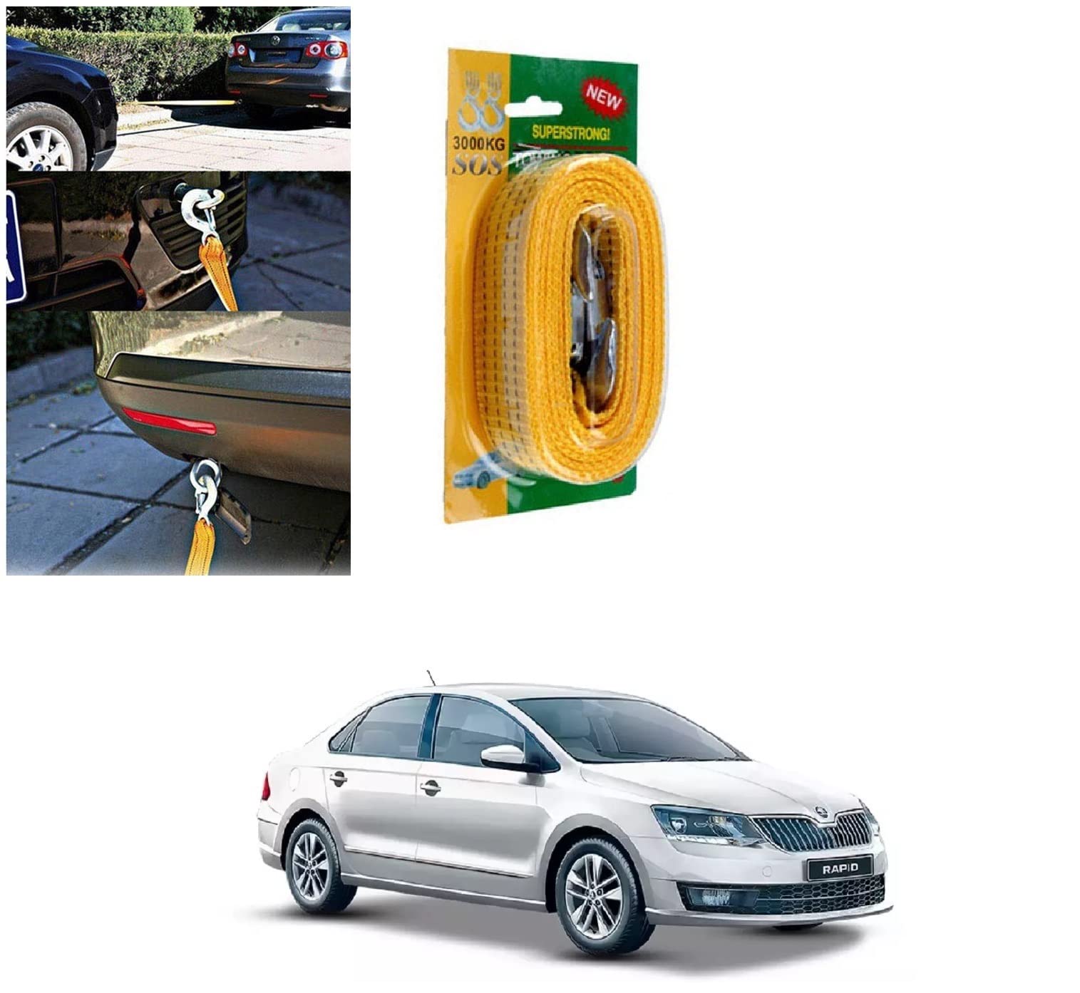Auto Addict 3 Ton 3 MTR Nylon Car Truck Towing Rope Cable for Heavy Duty Car Emergency Tow Pull Rope Strap Hooks Van Road Recovery for Skoda Rapid-image-5