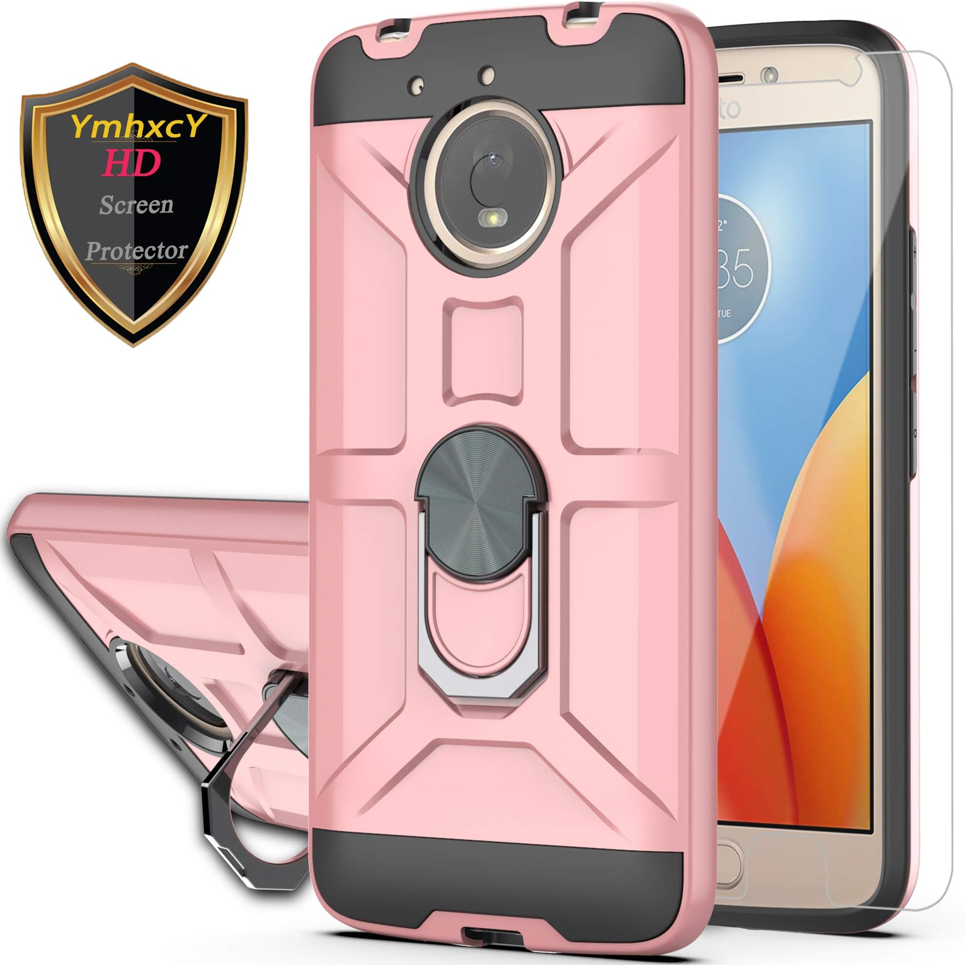Moto E4 Plus Case (US Version) with HD Screen Protector YmhxcY 360 Degree Rotating Ring Kickstand Holder Dual Layers of Shockproof Phone Case for Motorola Moto E Plus 4th Generation-ZS Rose Gold