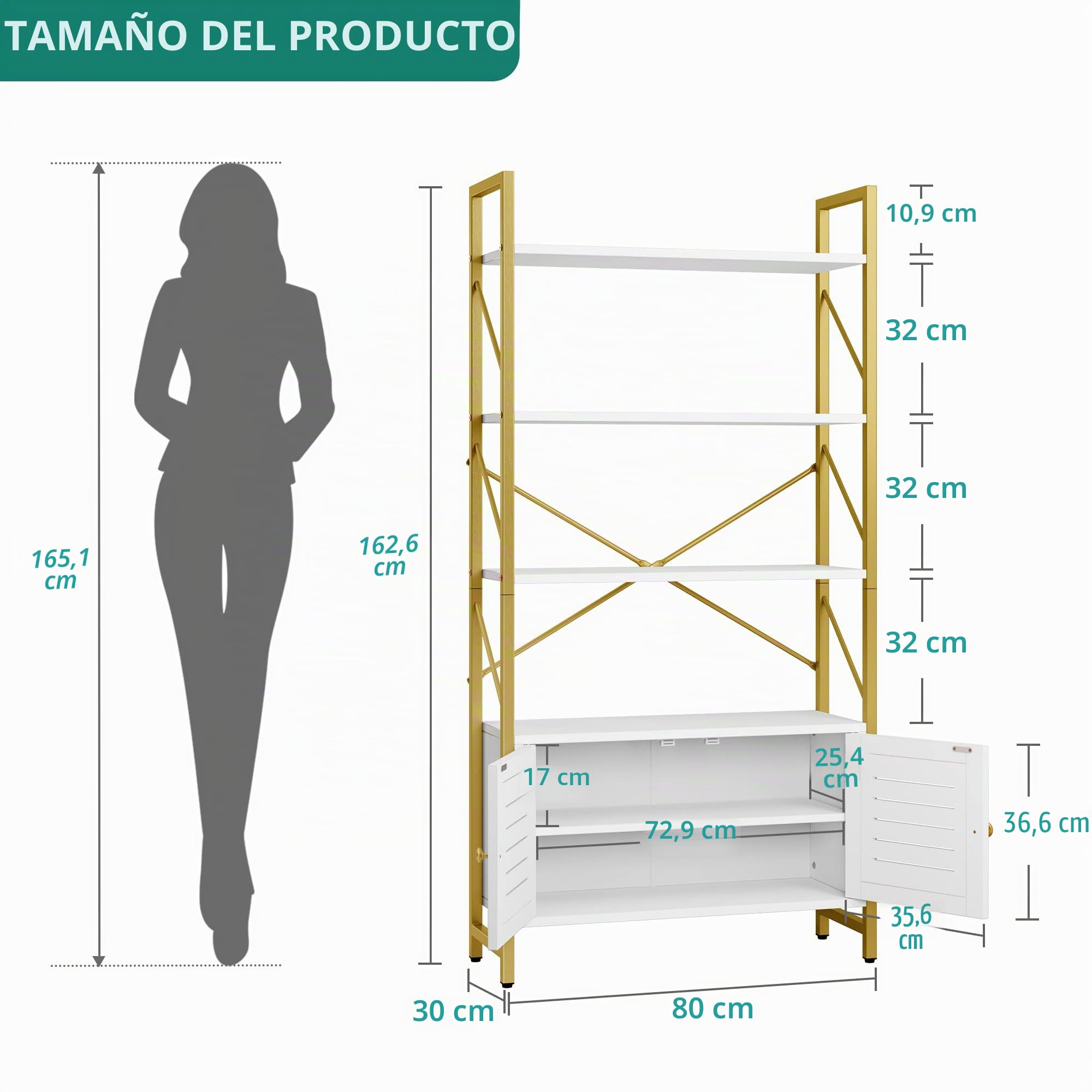YITAHOME Estantería con Armario de Almacenamiento, Estante de 5 Niveles con Puertas para Dormitorio, Sala de Estar, Oficina, Blanco y Dorado