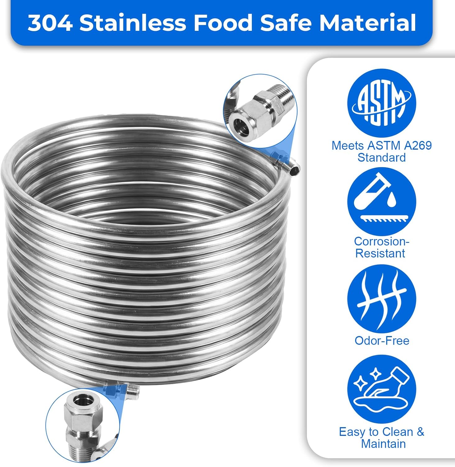 Wort Chiller 1/2" x 25FT, Food Grade 304 Stainless Steel Immersion Chiller Coil for Ice Bath Beer Brewing Tubing Coil, Automotive Repairing Water Cooler Tubing Coil with 2pcs 1/2'' Connection Barbs