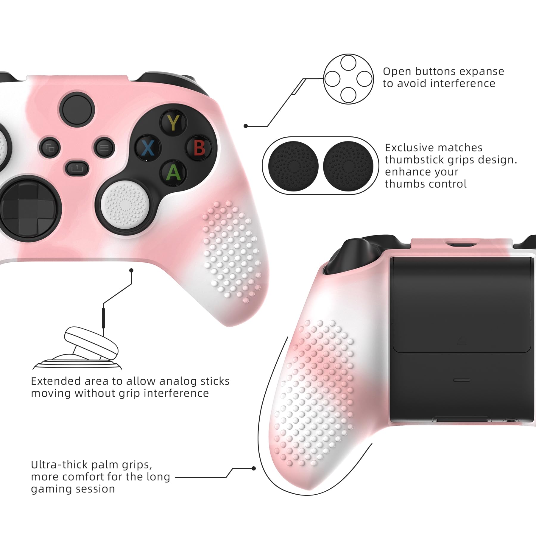 eXtremeRate PlayVital 3D Studded Edition Anti-Slip Silicone Cover Skin for Xbox Series X Controller, Soft Rubber Case Protector for Xbox Series S Controller with Thumb Grip Caps - Pink White - 5