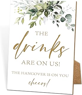Drinks On Us Hangover On You Sign, Greenery Gold Bridal Shower Decorations, Bar Wooden Sign with Stand, Wedding Signs for Ceremony and Reception, Engagement Decorations, Bachelorette Party Favors, 35