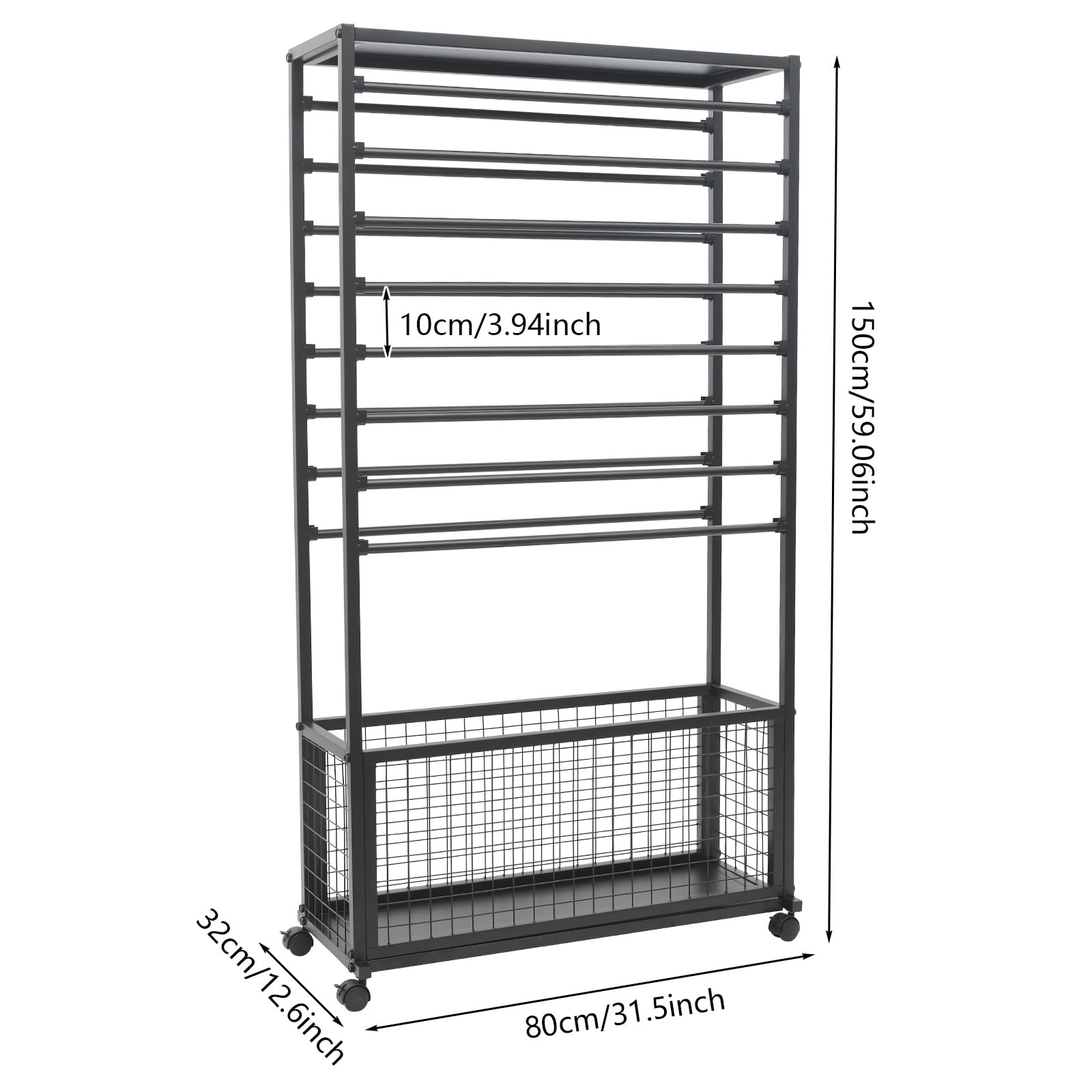 16-Layer Metal Ribbon Holder Rack With Locking Wheels – Large Capacity Craft Storage Organizer, 59" Tall