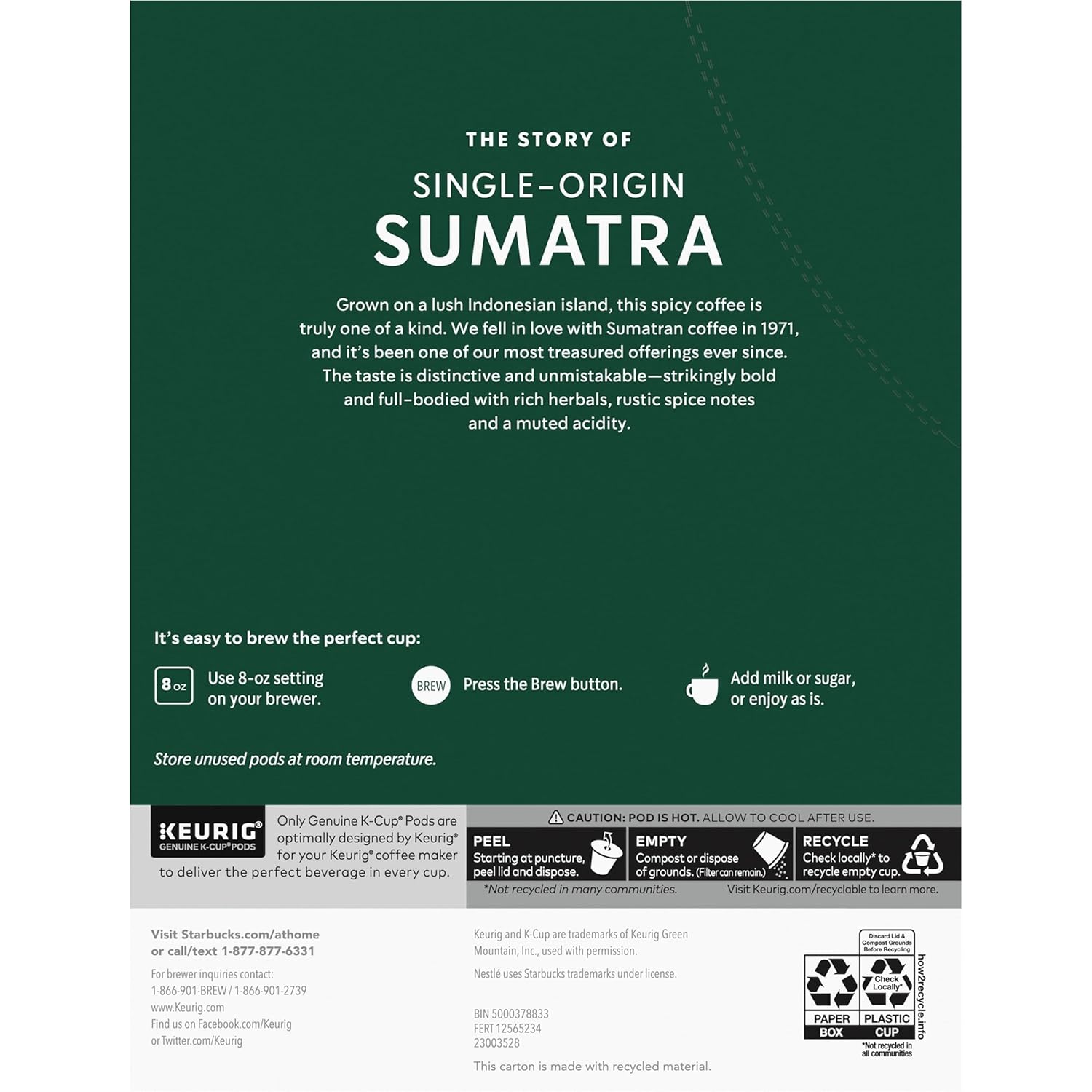 Starbucks K-Cup Coffee Pods, Dark Roast Coffee, Sumatra, 100% Arabica, 1 box (32 pods) (Pack of 2)