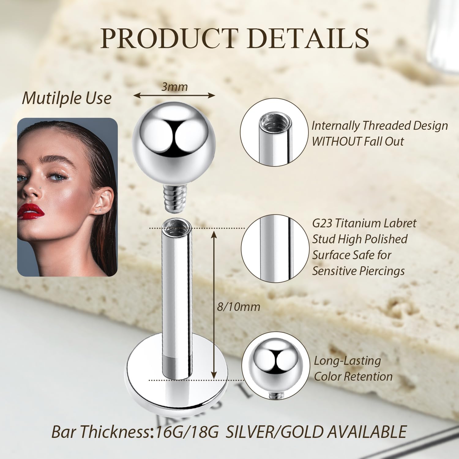 GAGABODY G23 Titanium 16G 6/8/10mm Clear CZ/Opal Internally Threaded Labret Monroe Lip Studs 6mm Helix Cartilage Tragus Earring Piercing