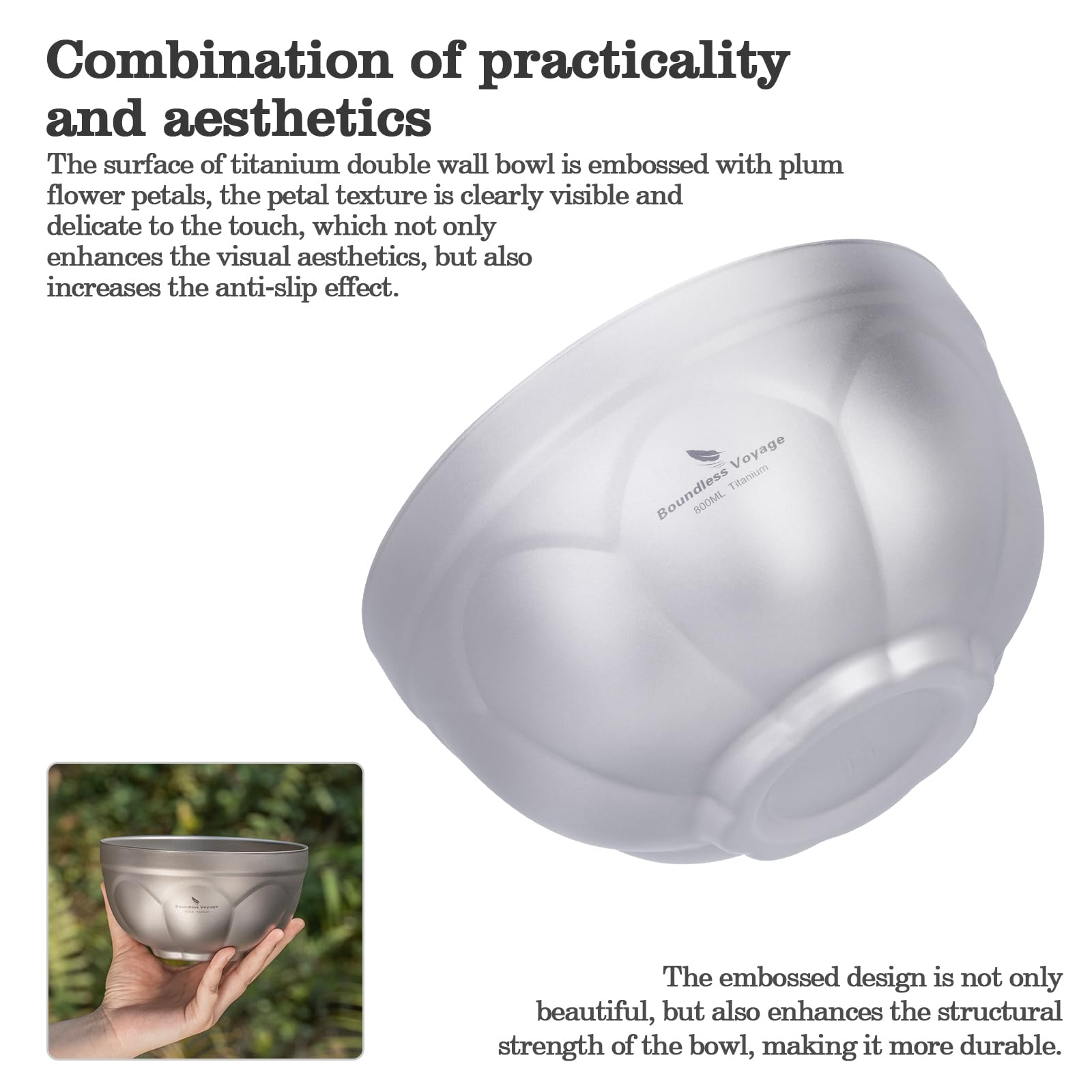 Boundless Voyage Ti1172T Bols de camping à double paroi en titane pour riz, soupe, avoine, yaourt, vaisselle ultra légère, passe au lave-vaisselle, 800 ml