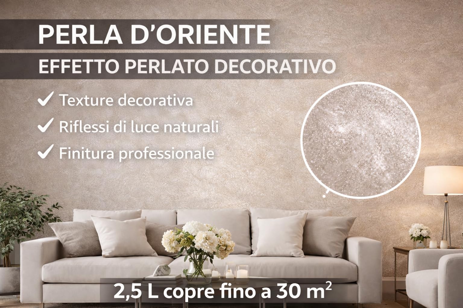 Perla d'Oriente - Pittura Perlata Effetto Sabbiato - Golden Sand | Pittura decorativa perlata per interni, lavabile e antimuffa, resa 25-30 m² con confezione da 2,5 L.