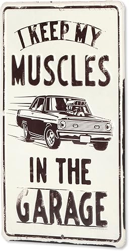 Miniatura 2 de Letrero de metal con texto en inglés "I Keep My Muscles In the Garage", arte de pared para garaje o tienda