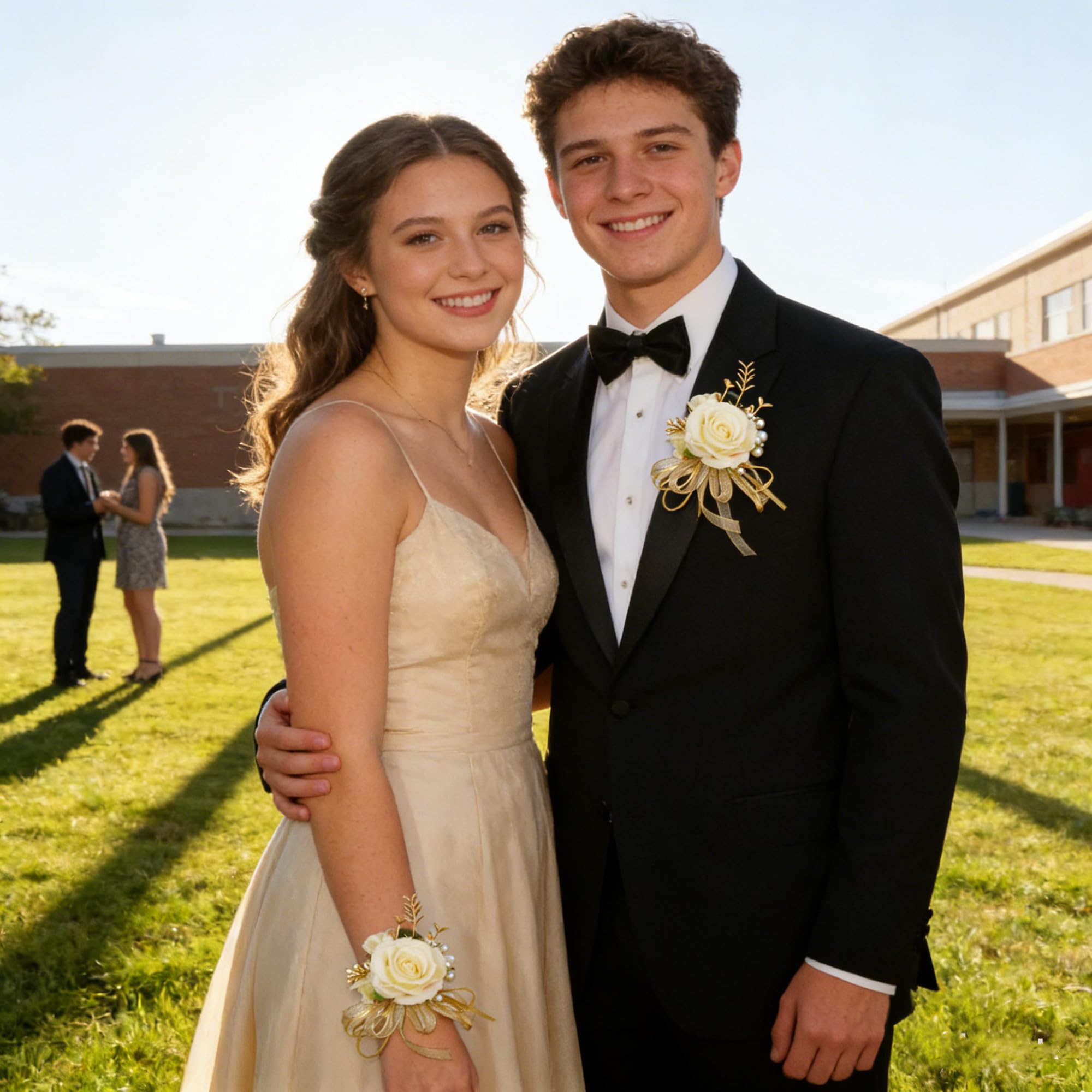 Corsage and Boutonniere Różowa sztuczna piwonia na nadgarstek i pan młody zestaw ręcznie robiony Boutonniere dla mężczyzn dekoracje ślubne (szampan kremowy złoty)