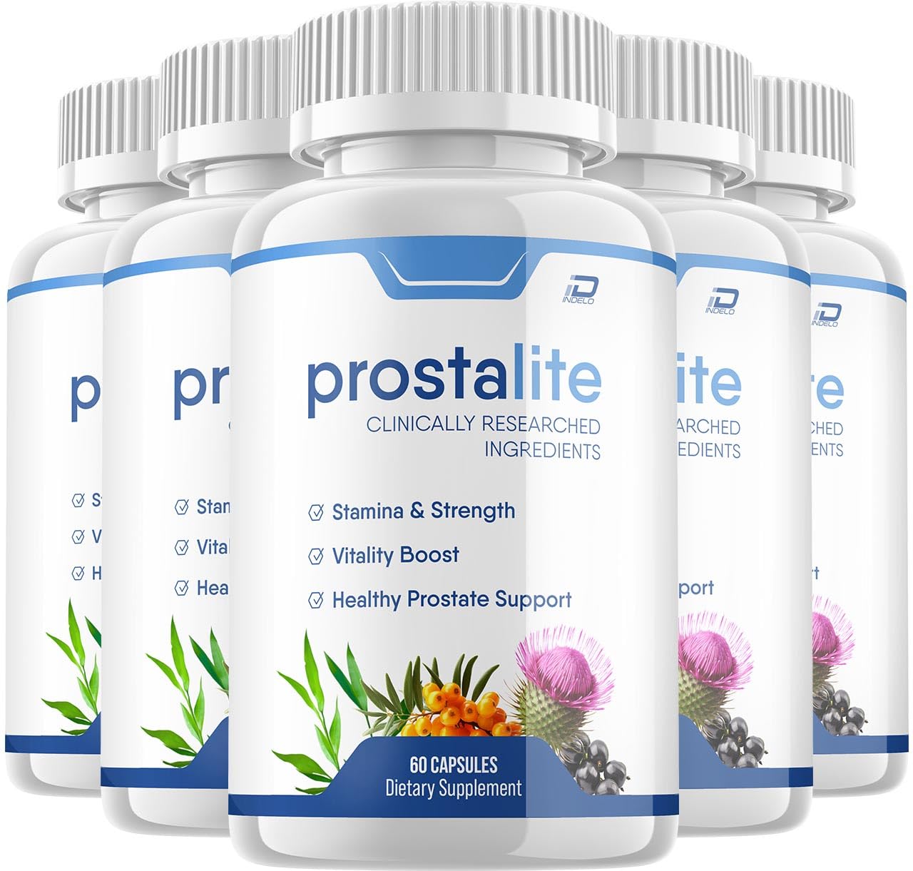 Bottle of Prostalite supplement next to natural ingredients like saw palmetto and pumpkin seeds on a wooden table