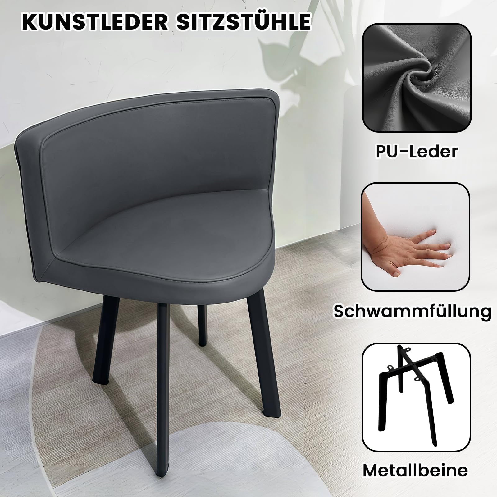 Runder Esstisch mit 4 Stühlen - Essgruppe 5-Teilig Komplettset - Küchentisch Sitzgruppe für für Küche/Esszimmer - Wohnzimmer und Büro 4-6 Sitzplätze (Grey – Round)