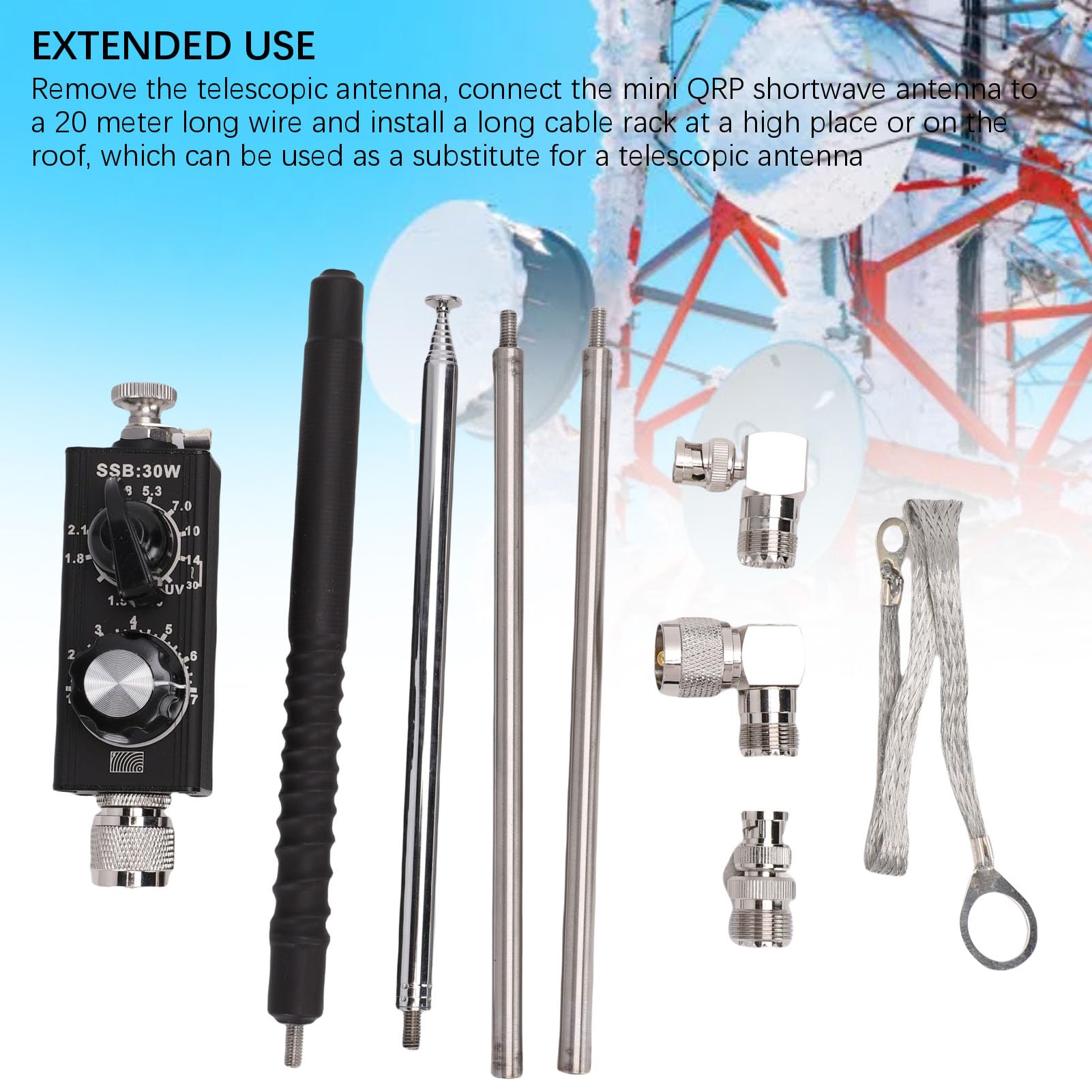 Antena de Onda Corta QRP, Antena HF Multibanda Portátil 30W 1.8-30MHz con Frecuencia Ajustable, Antena Sintonizable VHF UHF para Radioaficionados, Uso Interior Exterior con