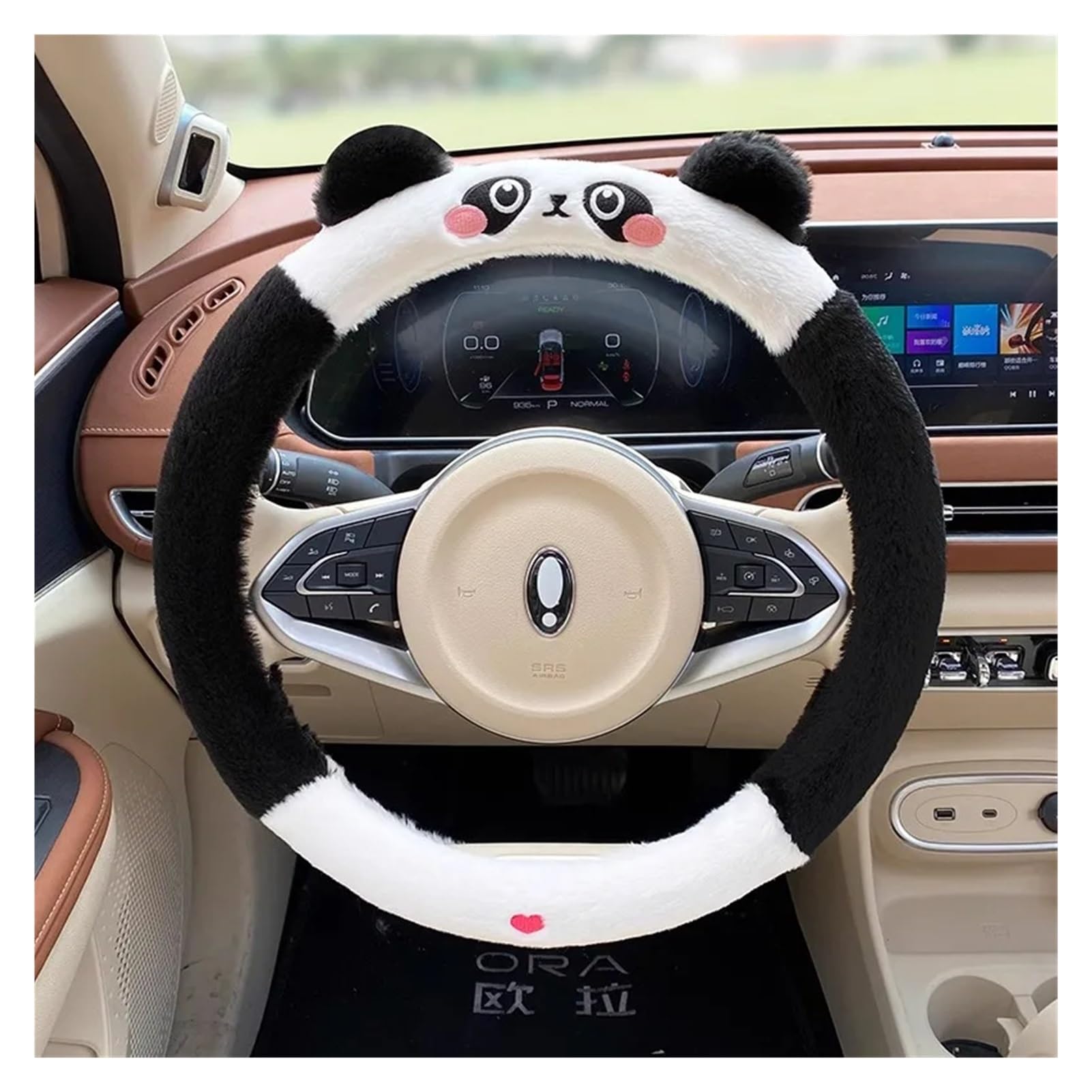 Hviyroi car seat cushion Car Headrest Neck Protection Pillow Cute Plush Panda Backrest Lumbar Support(Steering wheel cover)