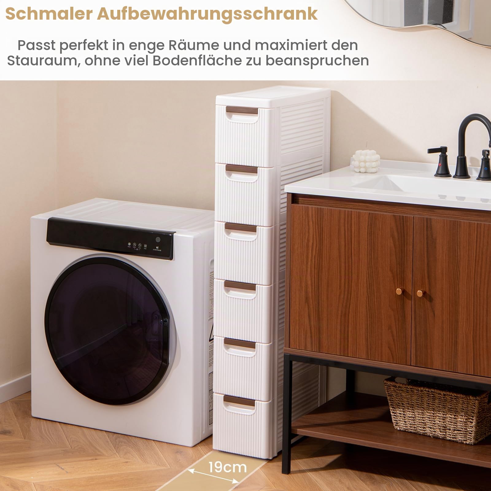 GIANTEX Nischenschrank Nischenregal 19 cm breit, Nischenwagen auf Rollen, Schmaler Rollschrank Rollwagen mit 6 Schubladen, Badschrank Badrollwagen kleiner Schubladenschrank Toilettenschrank für Bad