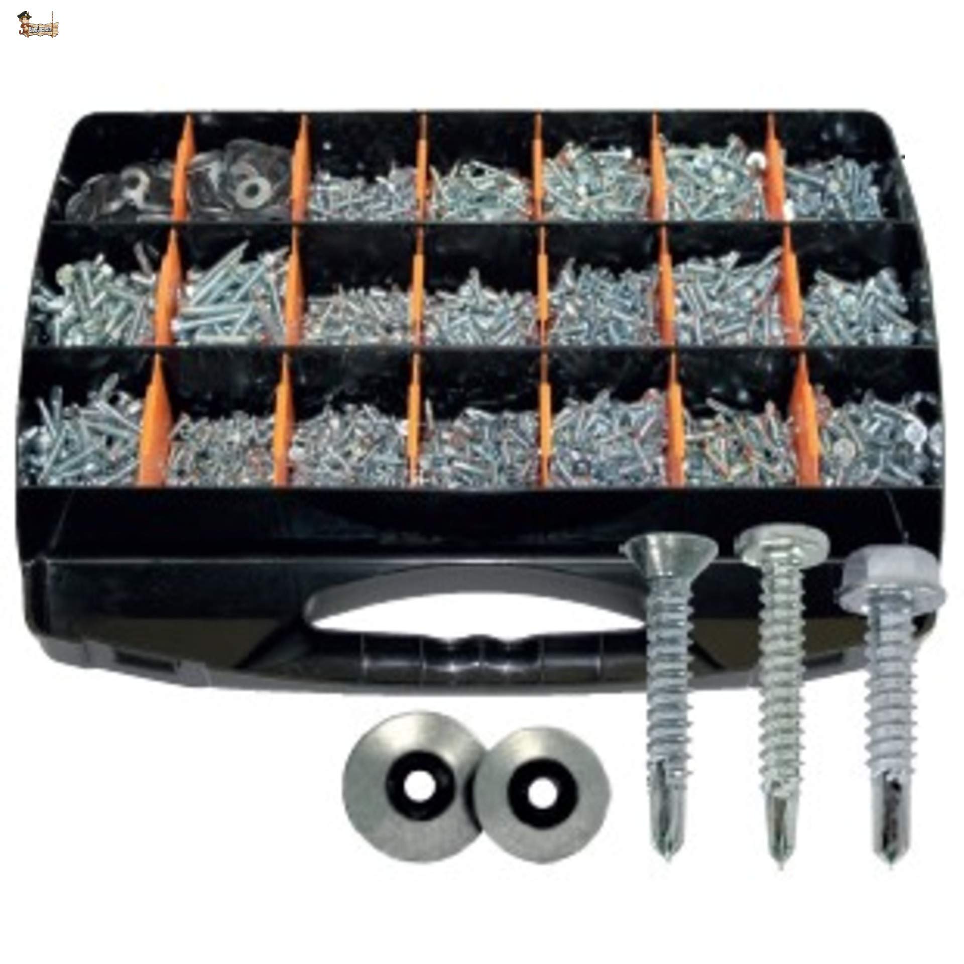BricoLoco Maletín surtido 1.550 uds. Tornillo roscachapa autotaladrante. Punta broca autoroscante y autoperforante metal. Cabeza plana, redonda y hexagonal. 200 uds. Arandelas goma EPDM.