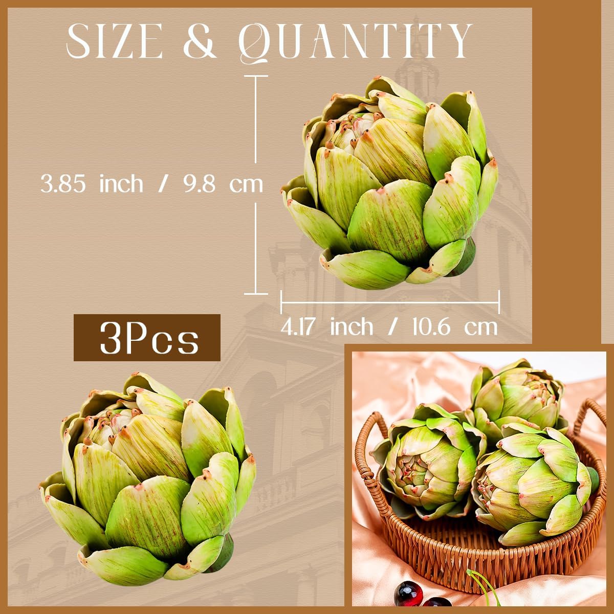 3Pcs Large Green Faux Artichoke & 6 PCS Faux Gold Pear Fruit Bowl Filler for Home Decor