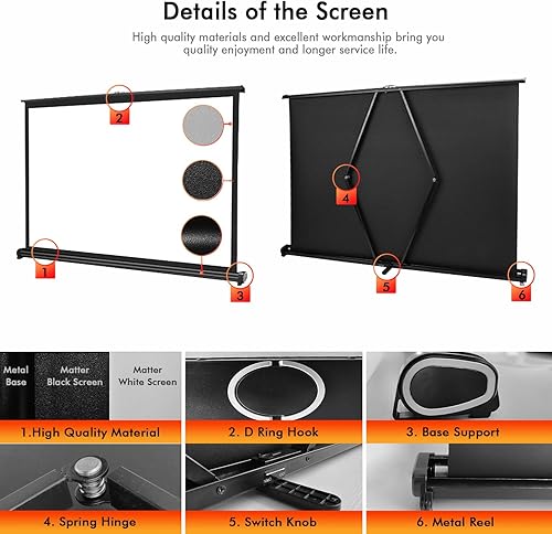 Miniatura 3 de Pantalla de proyección portátil de 40 pulgadas 169, pequeña pantalla retráctil de mesa móvil con soporte, ligera, de transporte y duradera para