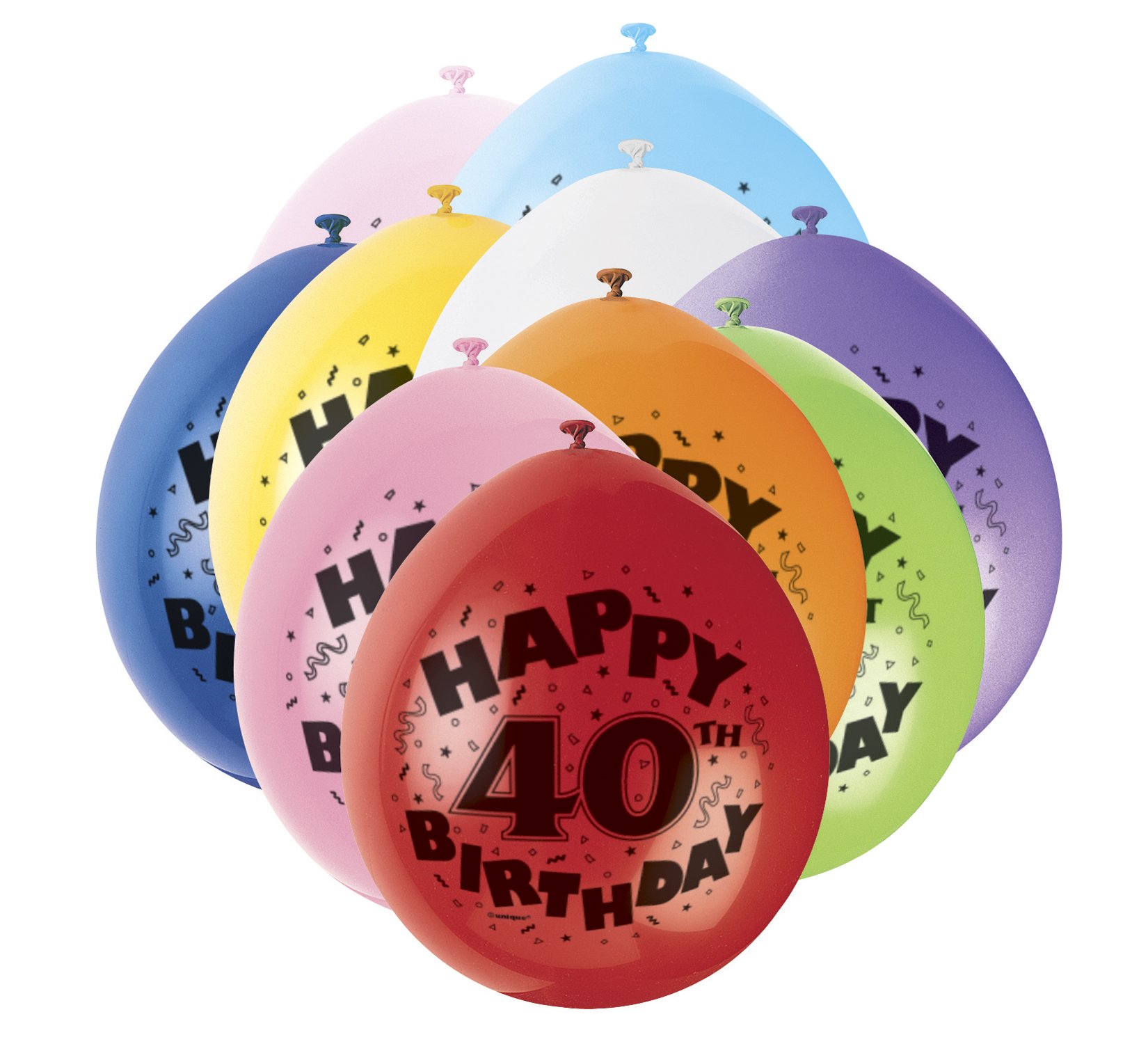 Unique Party 80313 - 9" Latex Assorted Happy 40th Birthday Balloons, Pack of 10