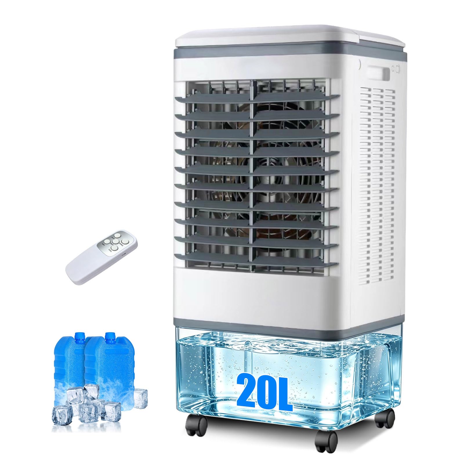 Portable Air Cooler with 20L Water Tank, 3 Speeds, Evaporative Cooling Fan with Remote Control, 7.5H Timer, Windowless Air Conditioner Fan for Home, Office, Bedroom