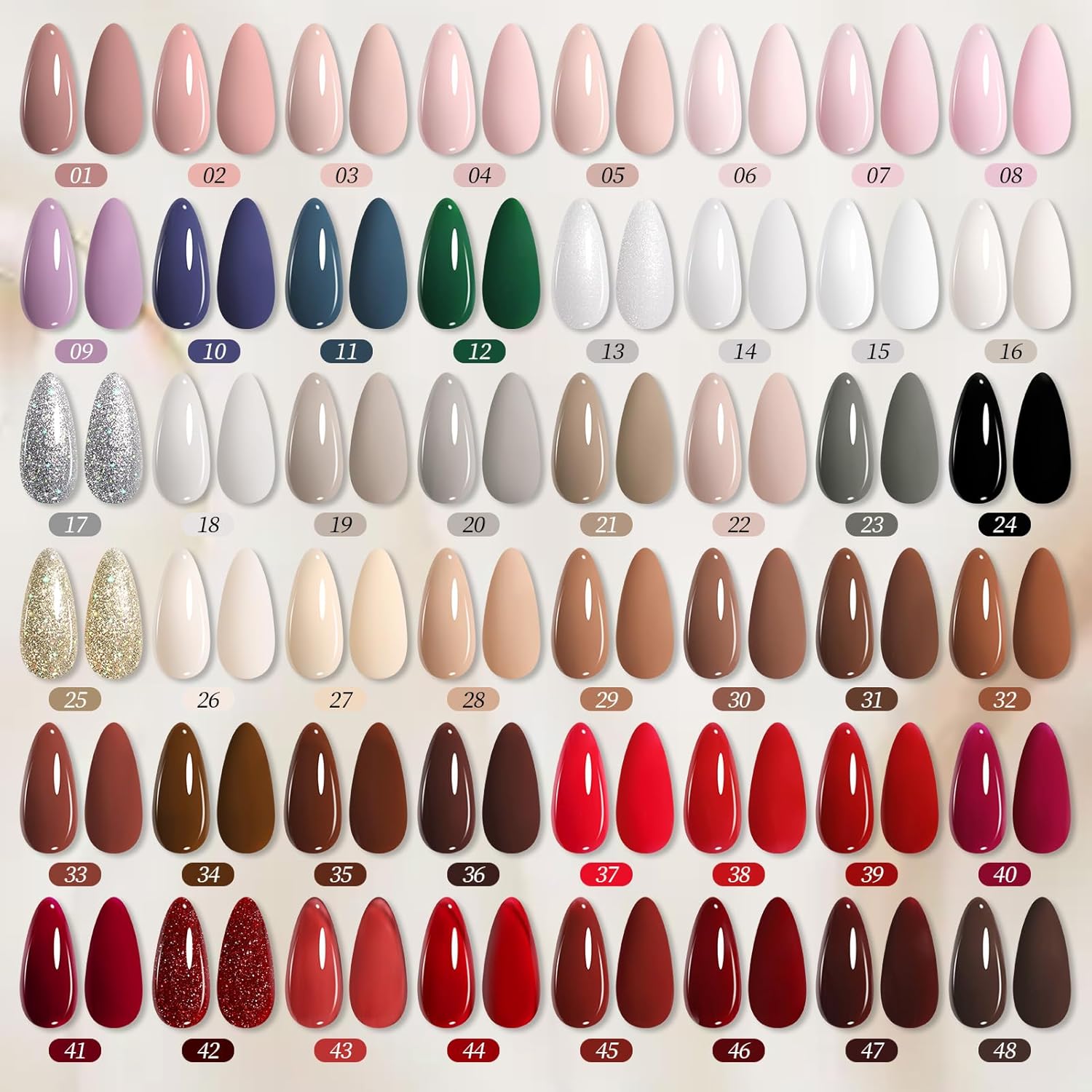 BORN PRETTY 52Pcs Fall Winter Gel Nail Polish Set,48 Colos Burgundy Red Green Snowflake White Khaki Chocolate Brown Gold Silver Sparkle Gel Polish with Glossy Matte Glitter Base Top Coat Gift for Girl