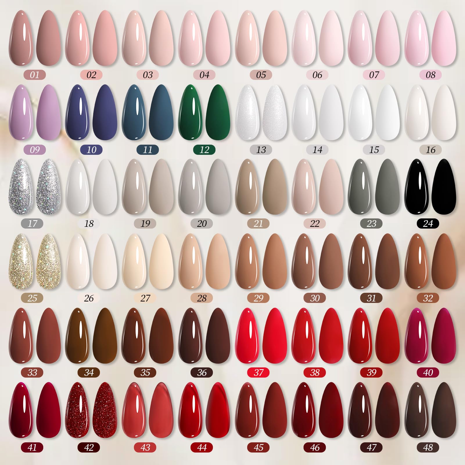 Born Pretty Set di smalti UV in gel, 52 pezzi, colore nude, rosa, rosso glitterato | Unghie in gel con base, top coat e top coat opaco, soak-off, mini UV LED, regalo