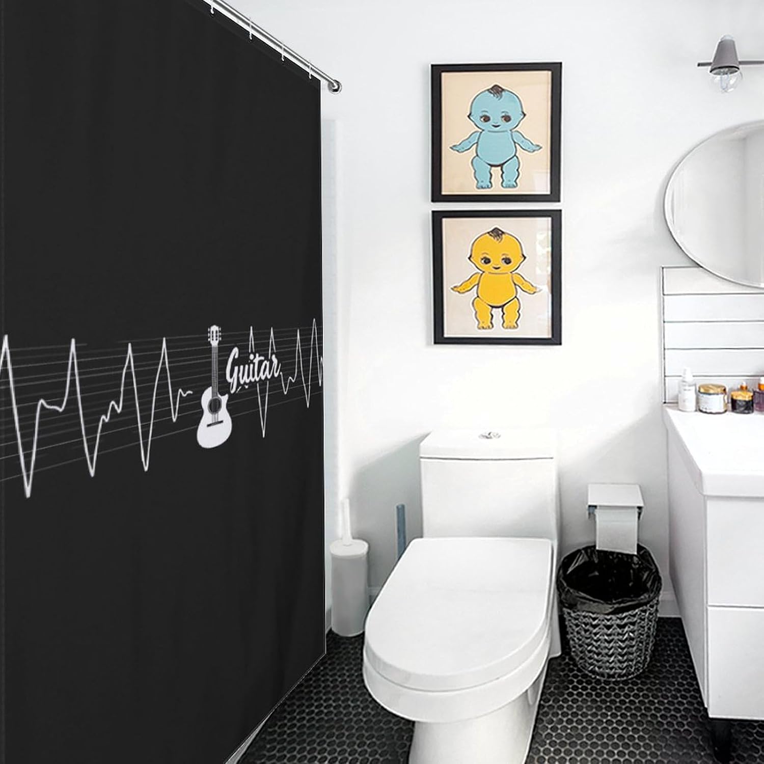 Bass Guitar Player Heartbeat Funny Shower Curtains Washable Bath Curtain Liner with Hooks for Bathroom Bath Tubs 36x72Inch（92x183cm）